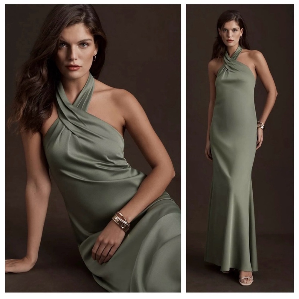 BHLDN Strapless Twist-Neck Satin Gown in Taupe
